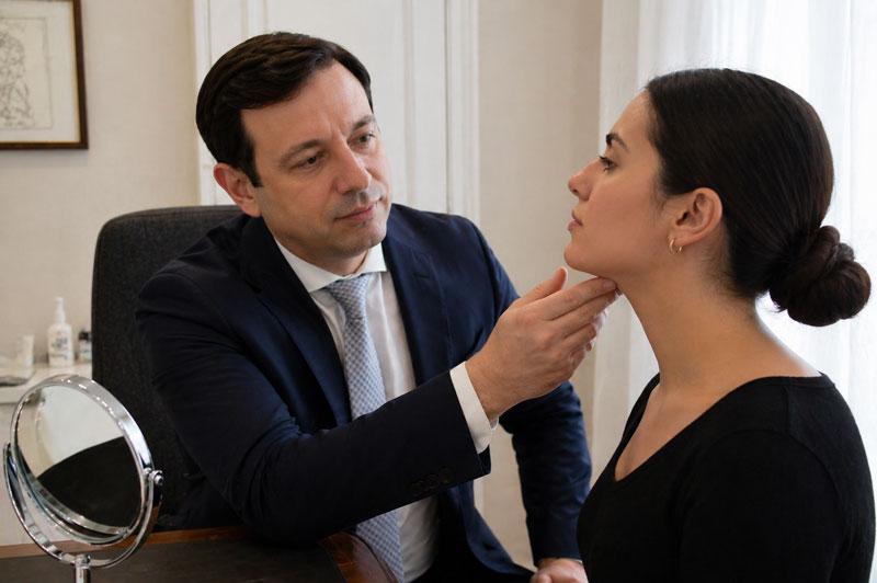 Consultation assessing the chin, jawline and neck profile