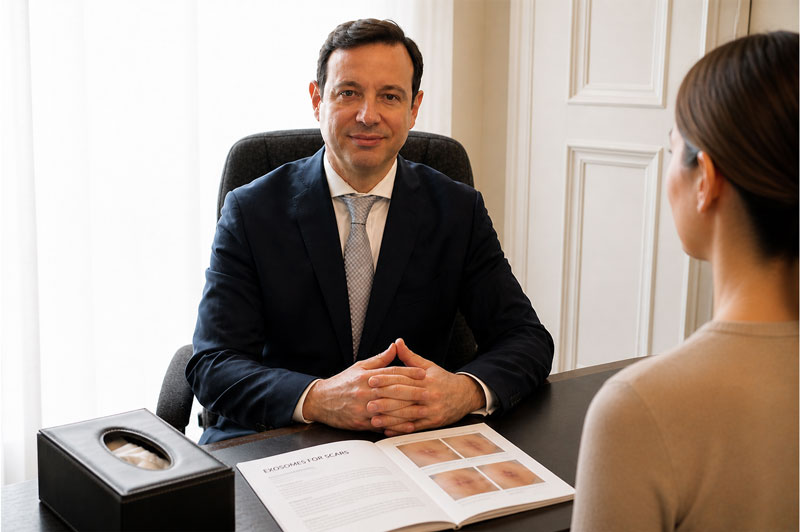 Exosome scar treatment consultation discussing regenerative scar therapy